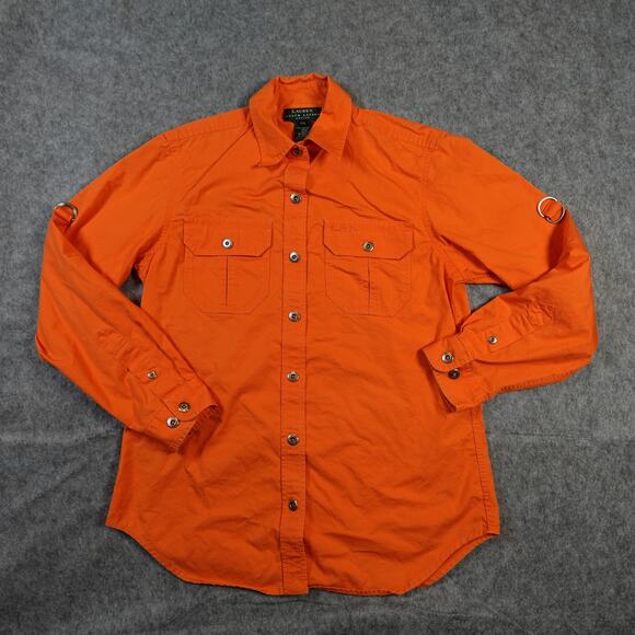 Ralph Lauren Top Womens Small Petite Utility Shirt Button Front Western Orange - Picture 1 of 9